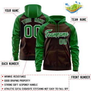 Custom Stitched Brown Kelly Green Raglan Sleeves Sports Full-Zip Sweatshirt Hoodie