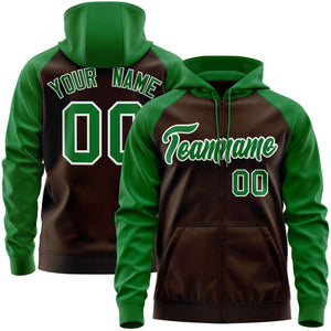 Custom Stitched Brown Kelly Green Raglan Sleeves Sports Full-Zip Sweatshirt Hoodie