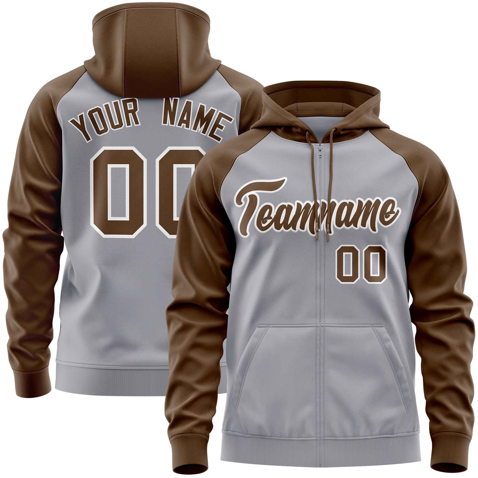 Custom Stitched Light Gray Light Brown Raglan Sleeves Sports Full-Zip Sweatshirt Hoodie