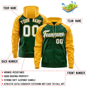 Custom Stitched Green White-Gold Raglan Sleeves Sports Full-Zip Sweatshirt Hoodie