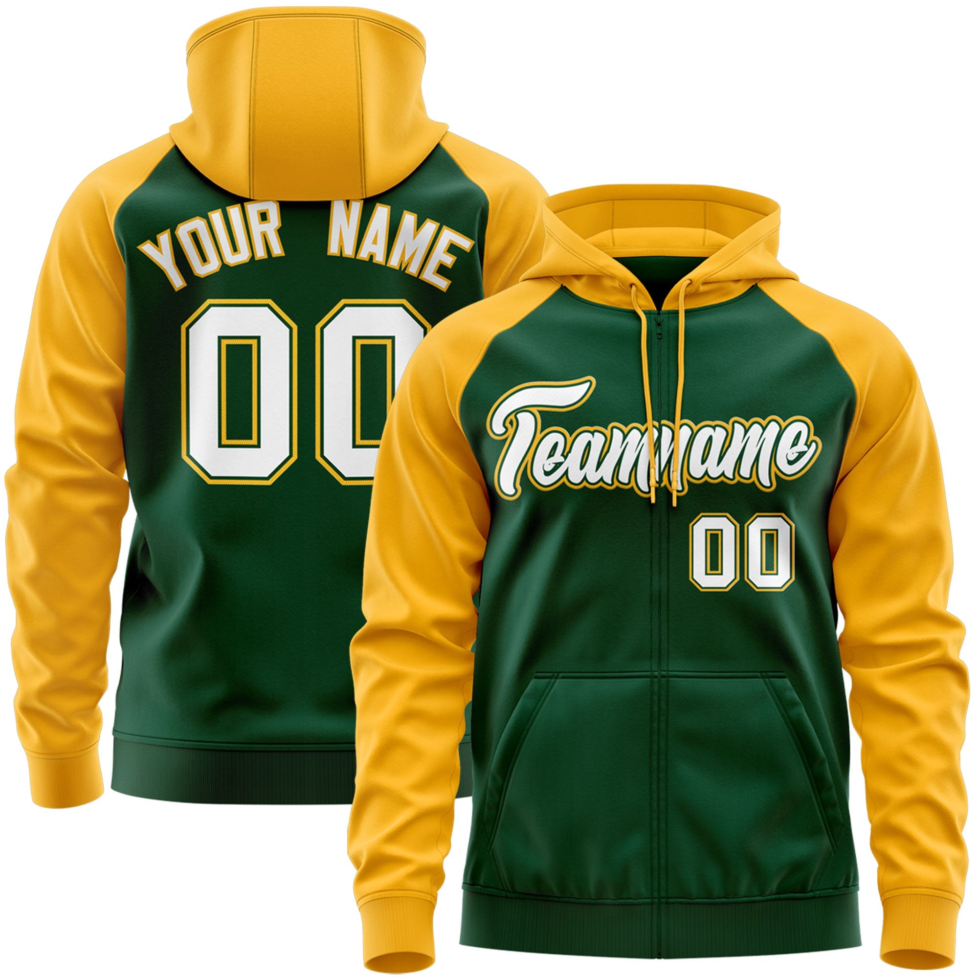 Custom Stitched Green White-Gold Raglan Sleeves Sports Full-Zip Sweatshirt Hoodie