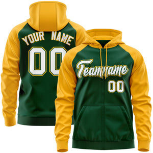 Custom Stitched Green White-Gold Raglan Sleeves Sports Full-Zip Sweatshirt Hoodie