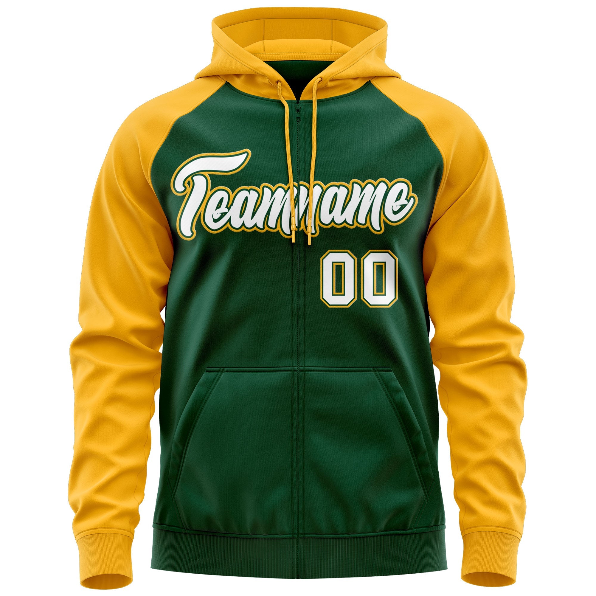 Custom Stitched Green White-Gold Raglan Sleeves Sports Full-Zip Sweatshirt Hoodie