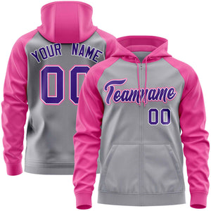 Custom Stitched Light Gray Pink-Purple Raglan Sleeves Sports Full-Zip Sweatshirt Hoodie