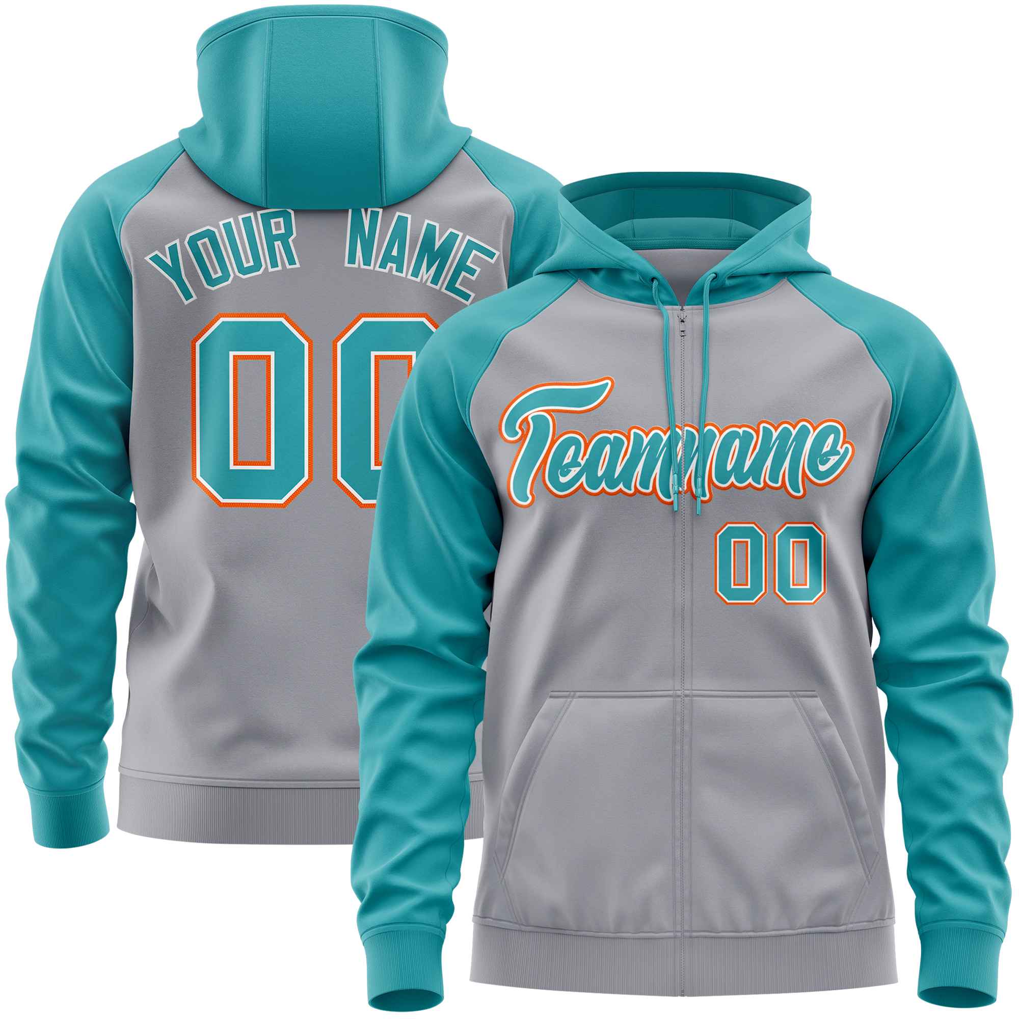 Custom Stitched Light Gray Aqua Raglan Sleeves Sports Full-Zip Sweatshirt Hoodie