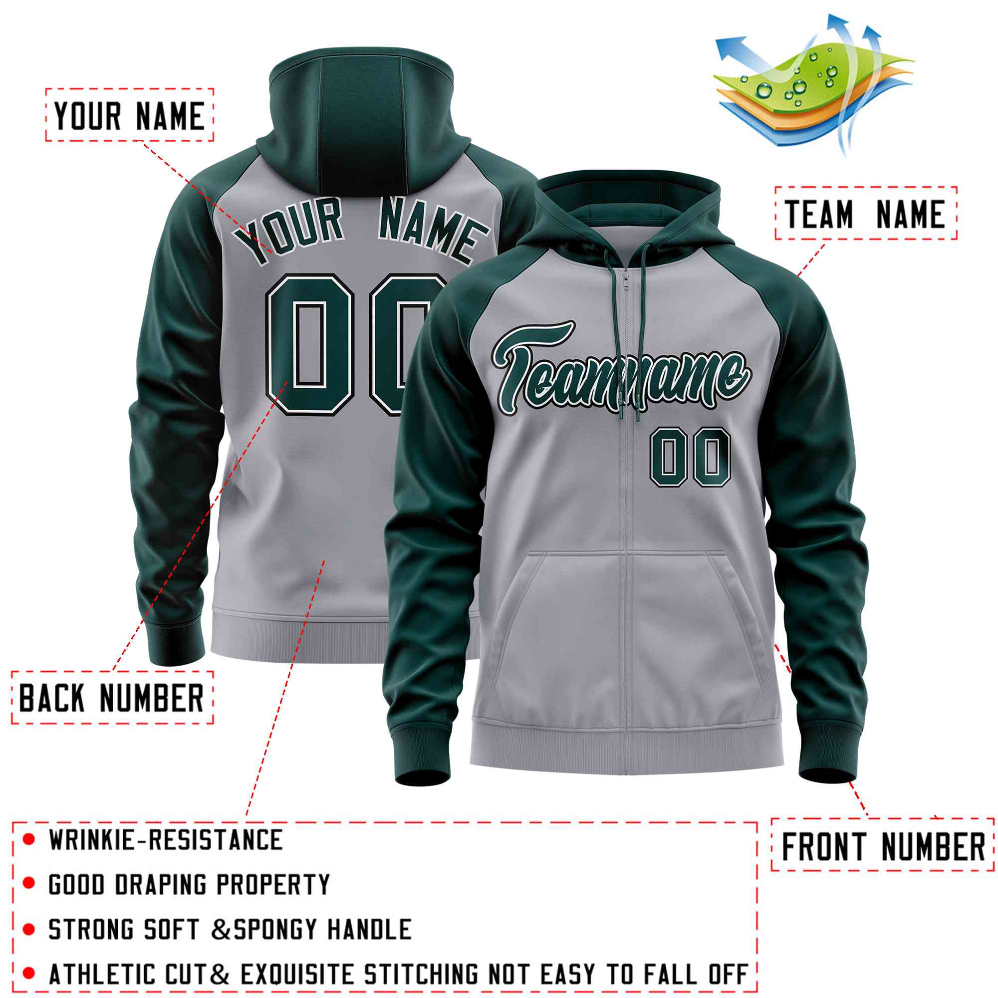 Custom Stitched Light Gray Midnight Green Raglan Sleeves Sports Full-Zip Sweatshirt Hoodie