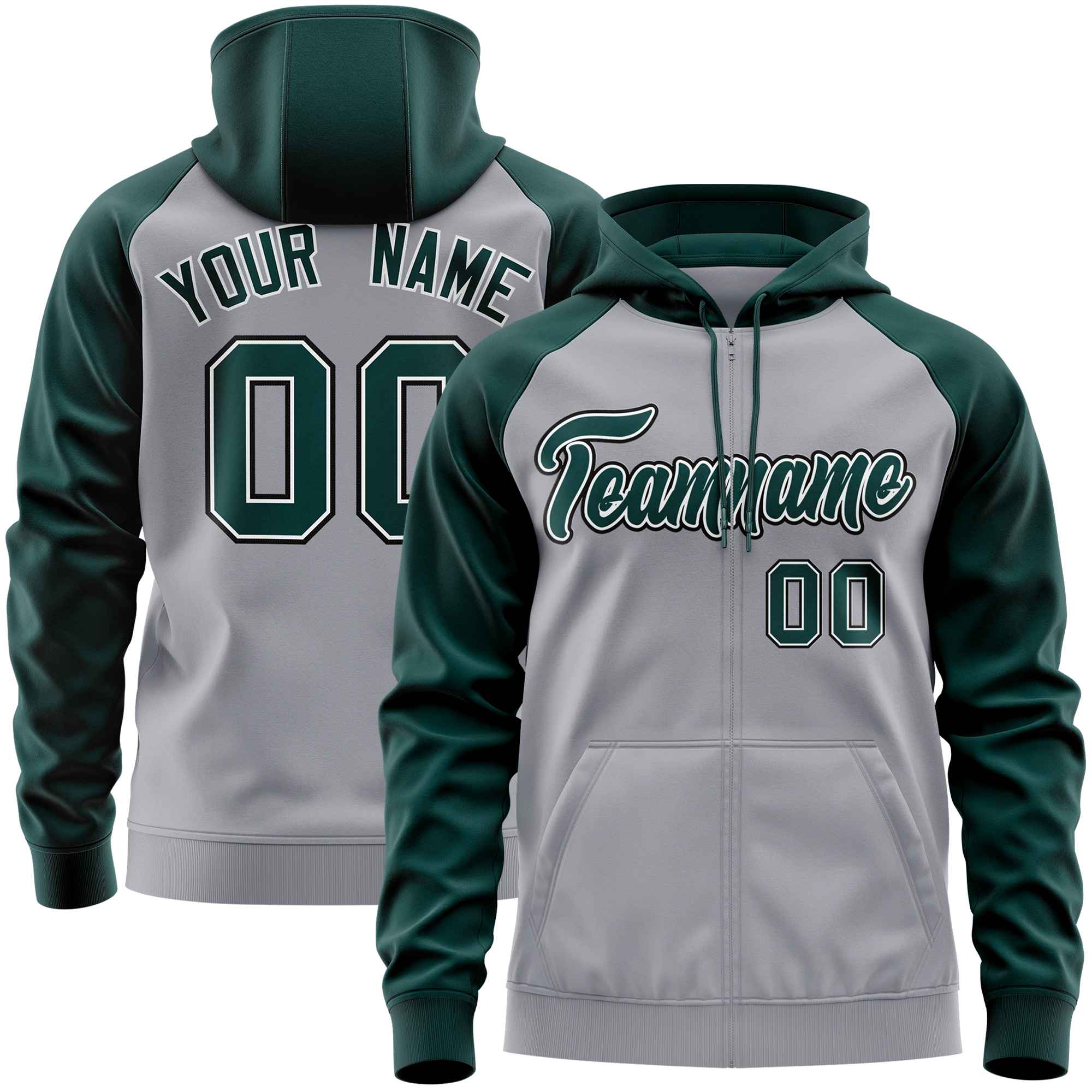 Custom Stitched Light Gray Midnight Green Raglan Sleeves Sports Full-Zip Sweatshirt Hoodie