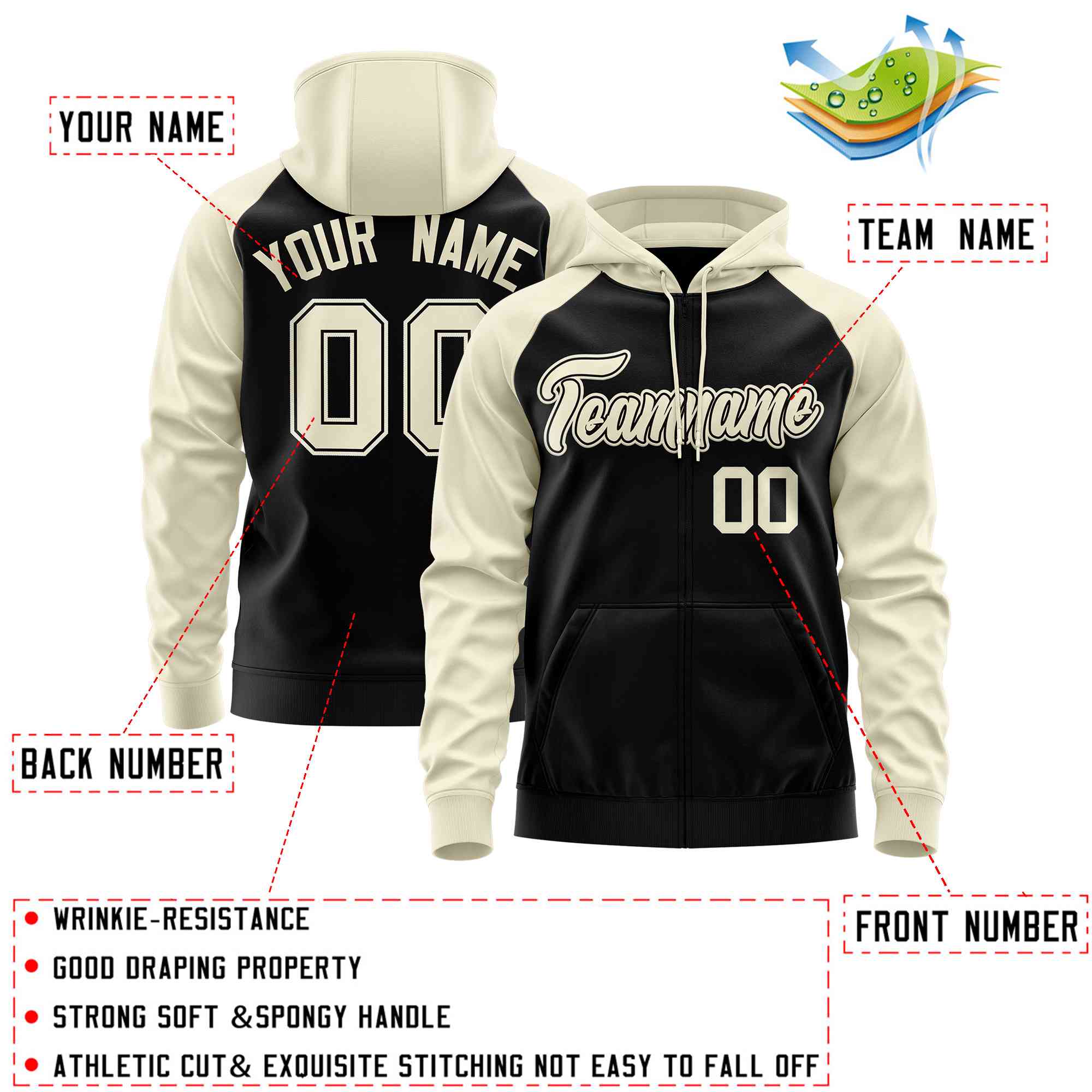 Custom Stitched Black Cream Raglan Sleeves Sports Full-Zip Sweatshirt Hoodie