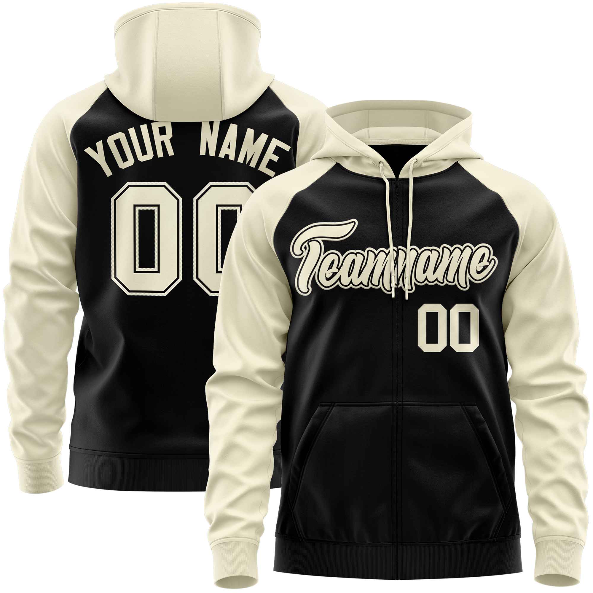 Custom Stitched Black Cream Raglan Sleeves Sports Full-Zip Sweatshirt Hoodie