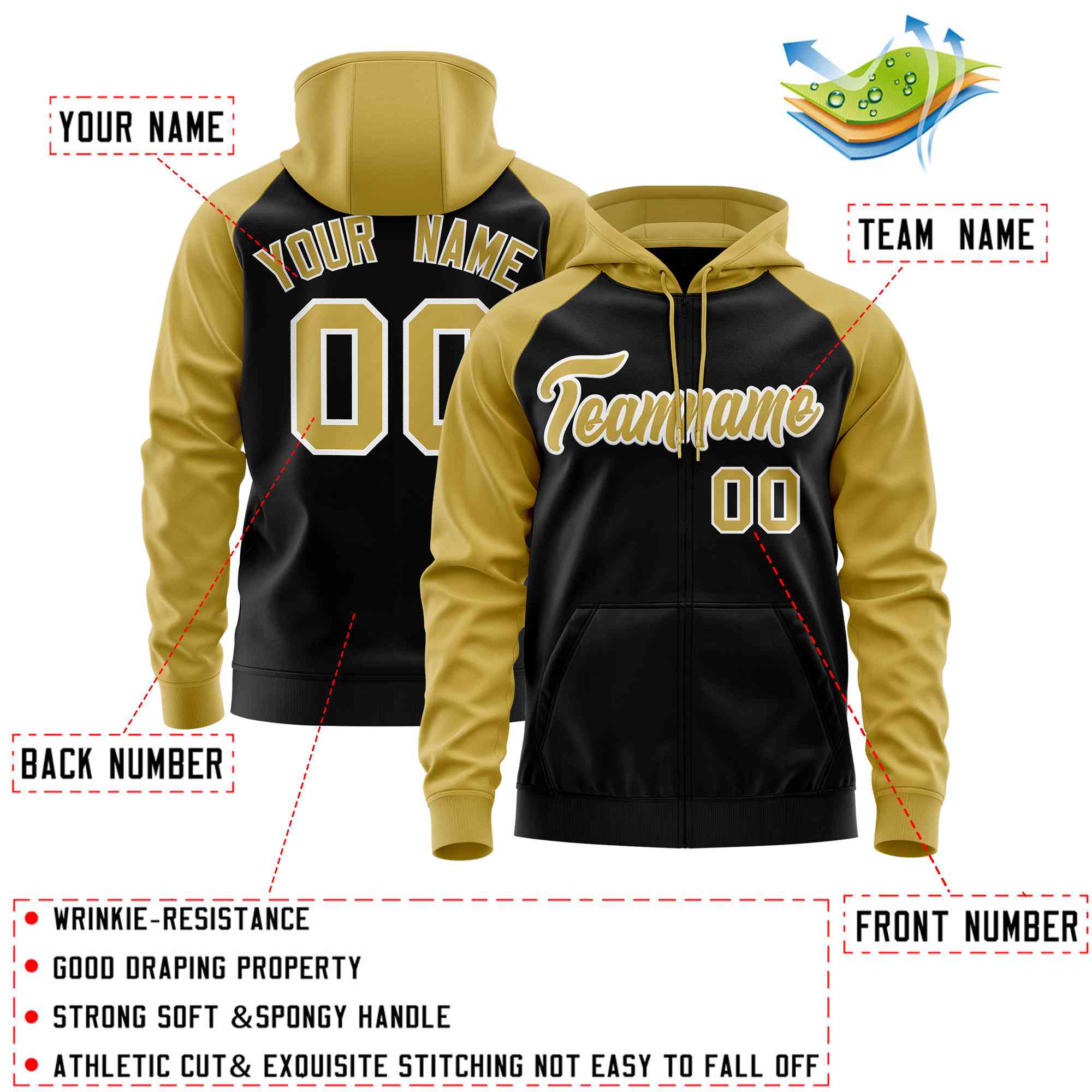 Custom Stitched Black Old Gold Raglan Sleeves Sports Full-Zip Sweatshirt Hoodie