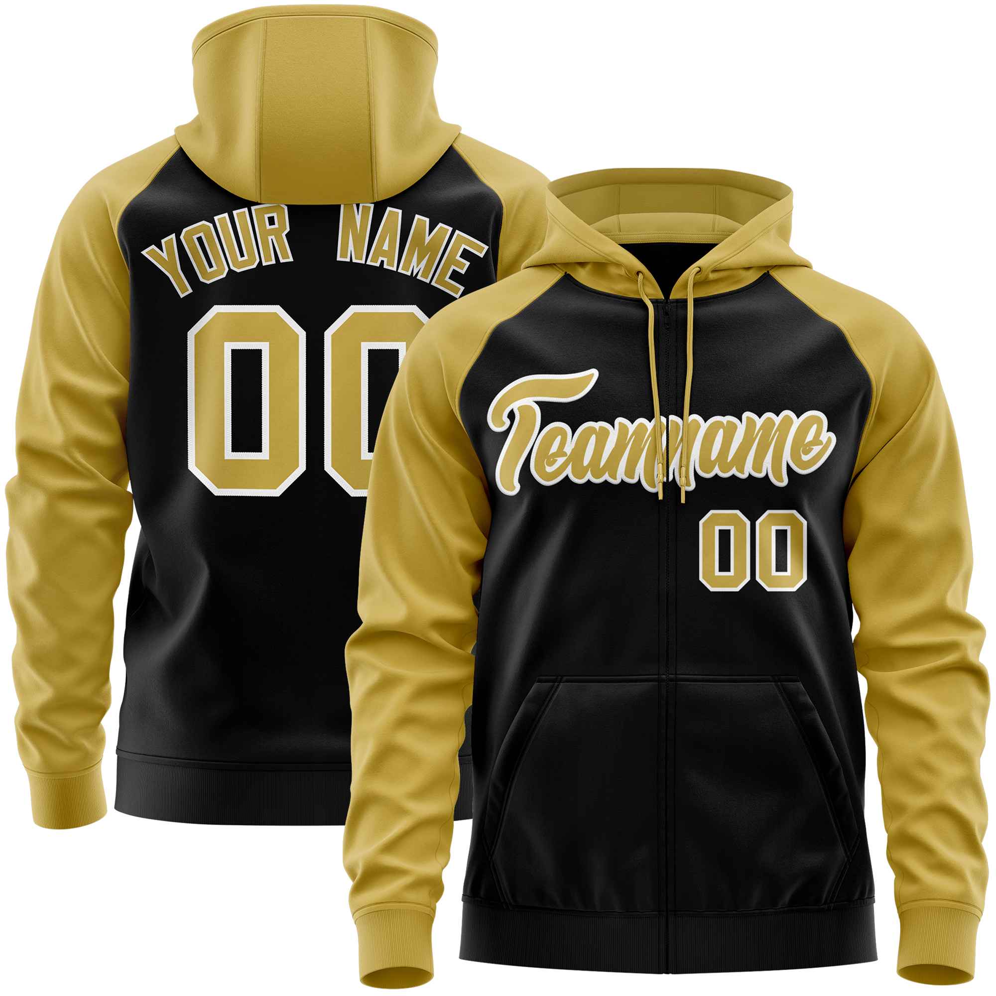 Custom Stitched Black Old Gold Raglan Sleeves Sports Full-Zip Sweatshirt Hoodie