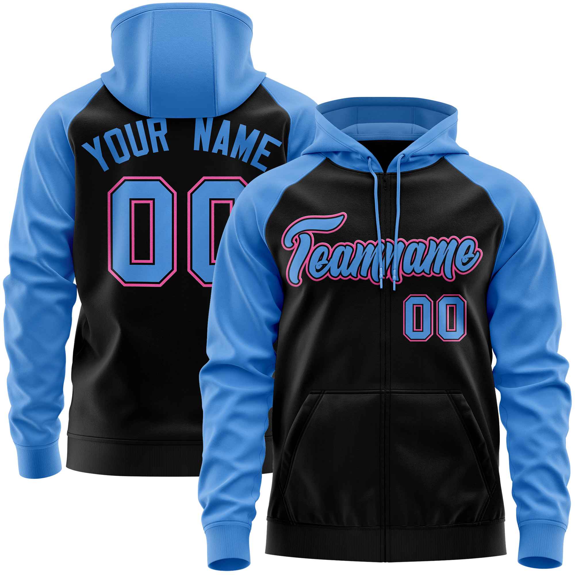 Custom Stitched Black Powder Blue Raglan Sleeves Sports Full-Zip Sweatshirt Hoodie