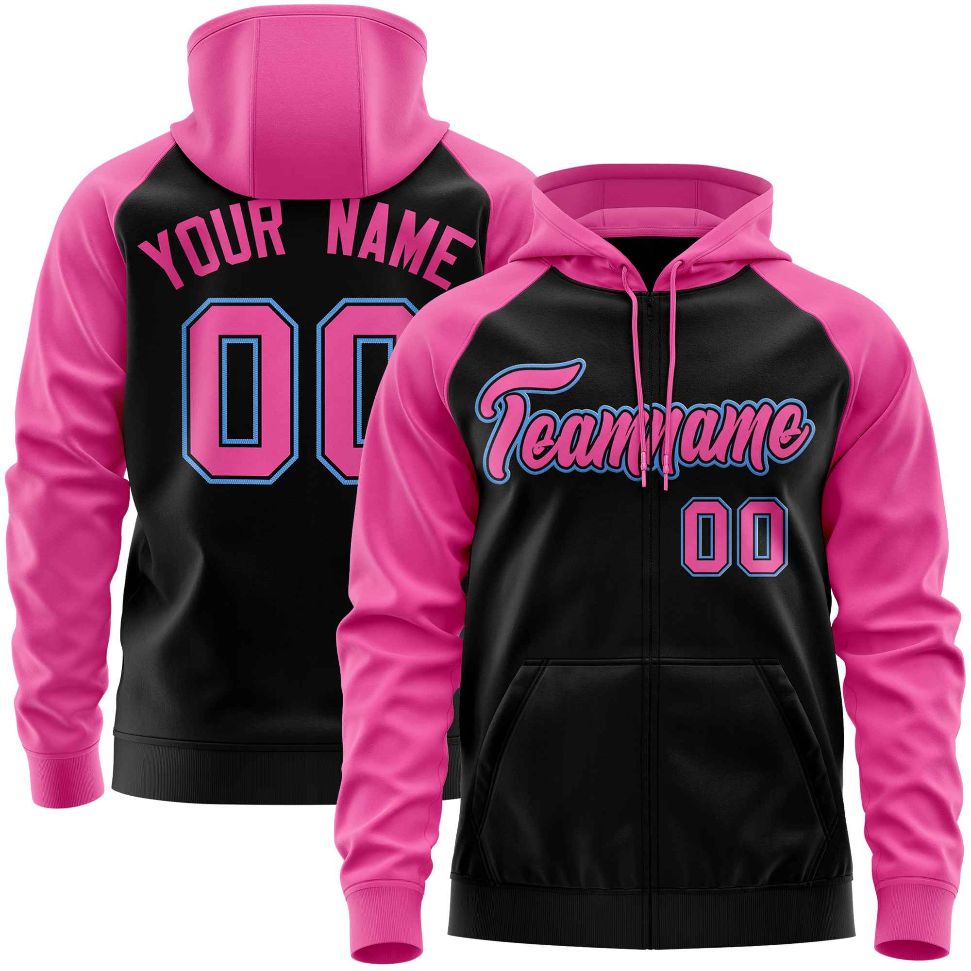 Custom Stitched Black Pink Raglan Sleeves Sports Full-Zip Sweatshirt Hoodie