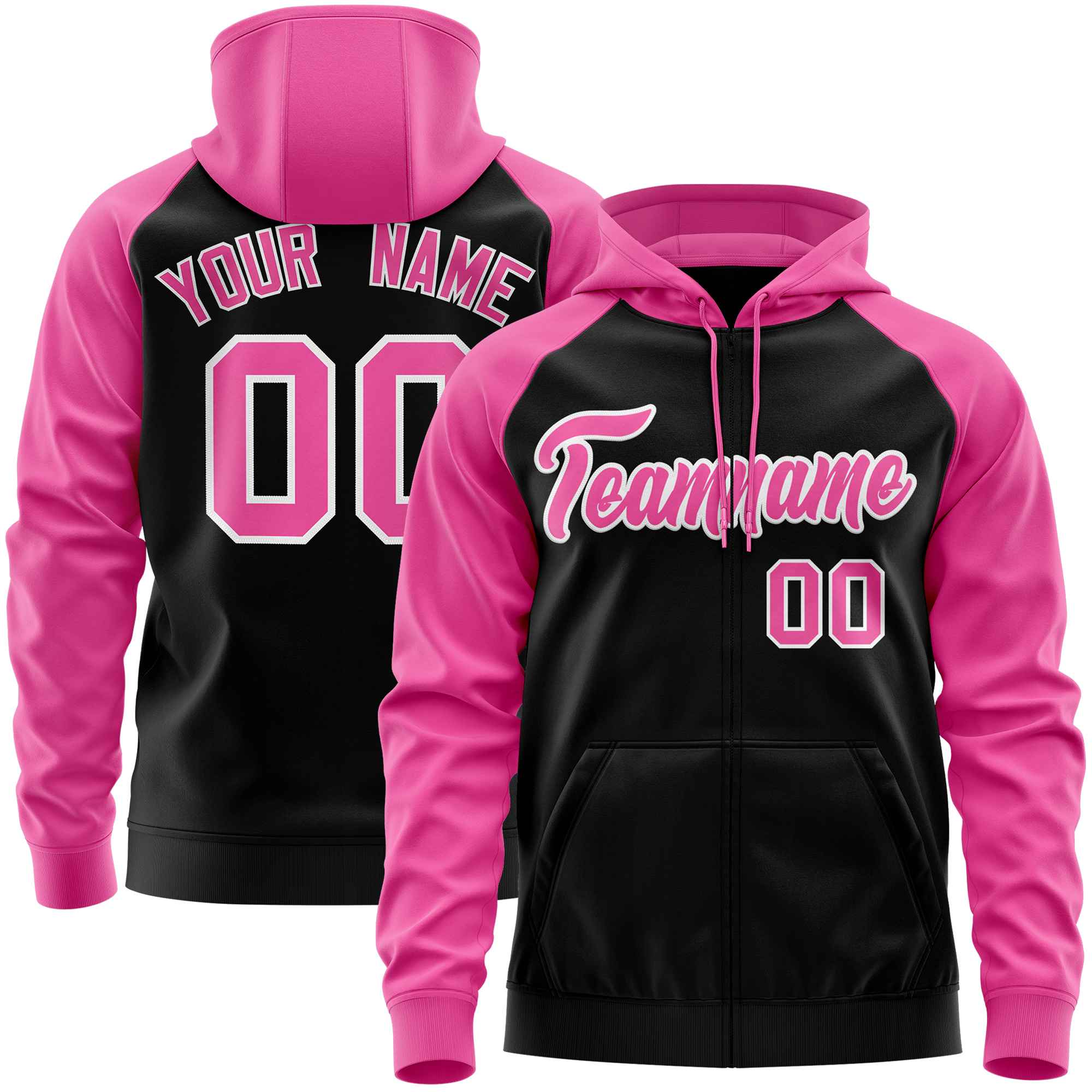 Custom Stitched Black Pink Raglan Sleeves Sports Full-Zip Sweatshirt Hoodie