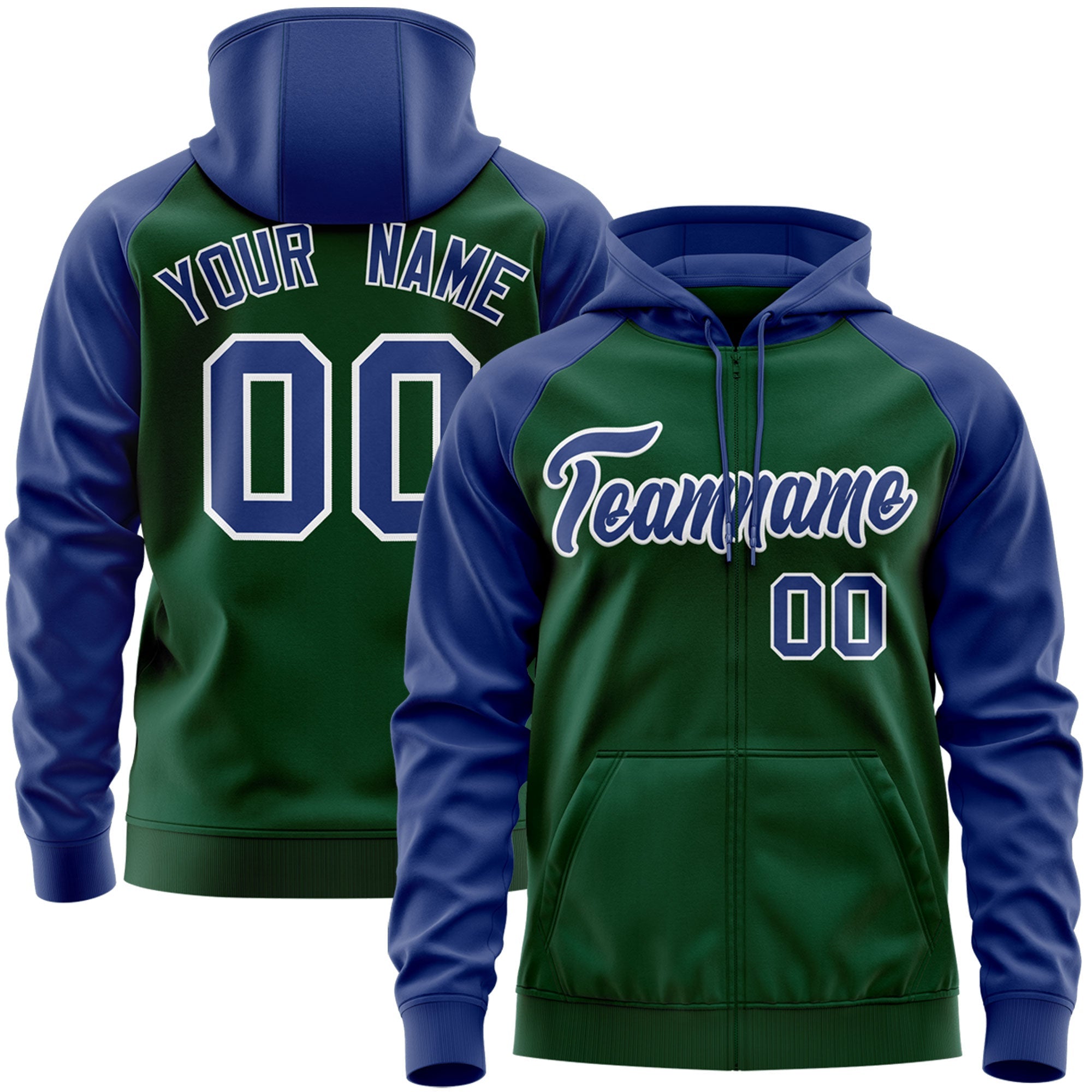 Custom Stitched Green Royal-White Raglan Sleeves Sports Full-Zip Sweatshirt Hoodie