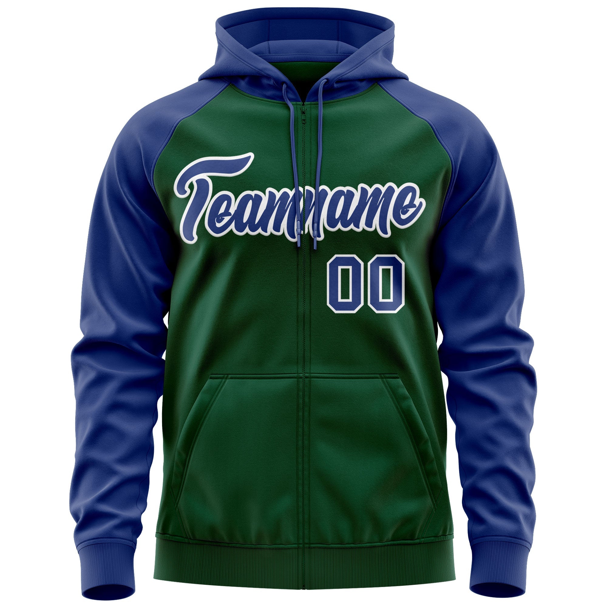 Custom Stitched Green Royal-White Raglan Sleeves Sports Full-Zip Sweatshirt Hoodie