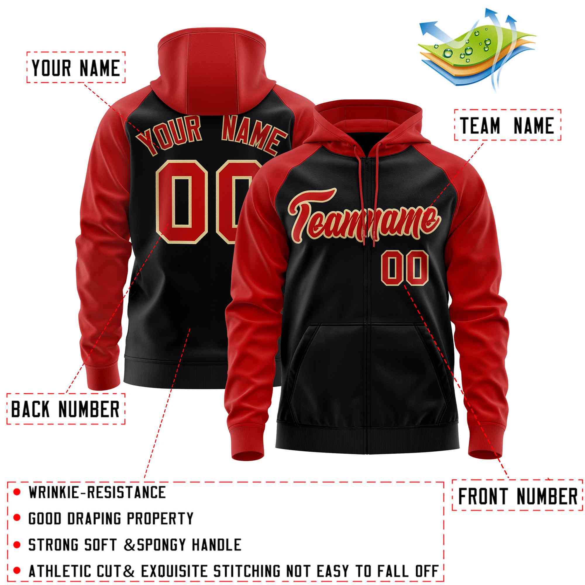 Custom Stitched Black Red Raglan Sleeves Sports Full-Zip Sweatshirt Hoodie