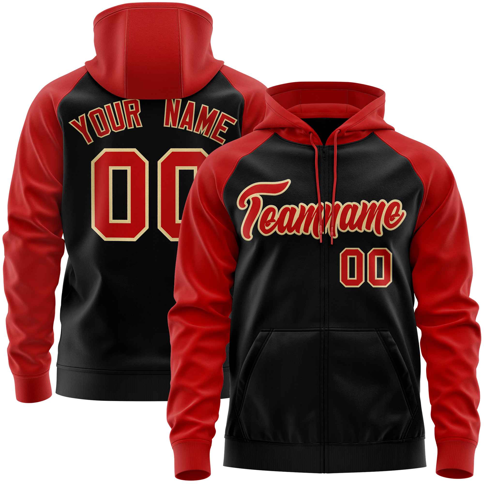 Custom Stitched Black Red Raglan Sleeves Sports Full-Zip Sweatshirt Hoodie