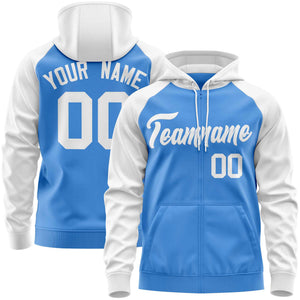 Custom Stitched Powder Blue White Raglan Sleeves Sports Full-Zip Sweatshirt Hoodie