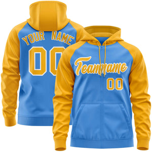 Custom Stitched Powder Blue Gold Raglan Sleeves Sports Full-Zip Sweatshirt Hoodie