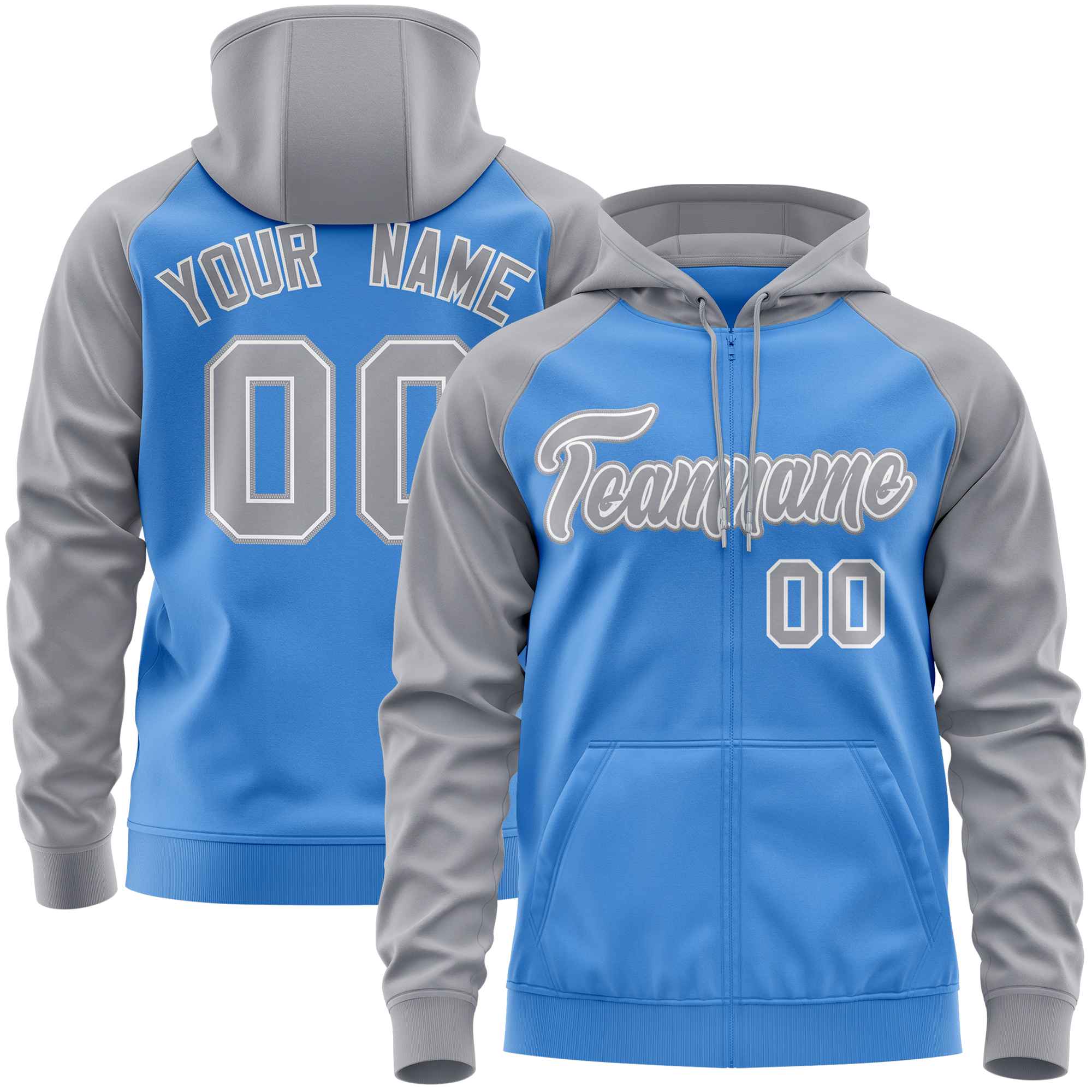 Custom Stitched Powder Blue Light Gray Raglan Sleeves Sports Full-Zip Sweatshirt Hoodie