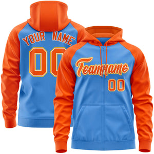 Custom Stitched Powder Blue Orange Raglan Sleeves Sports Full-Zip Sweatshirt Hoodie