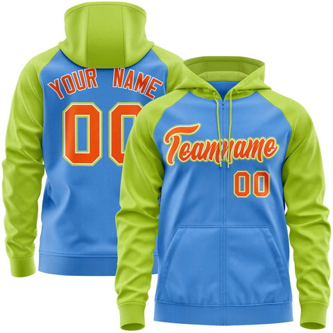 Custom Stitched Powder Blue Neon Green-Orange Raglan Sleeves Sports Full-Zip Sweatshirt Hoodie