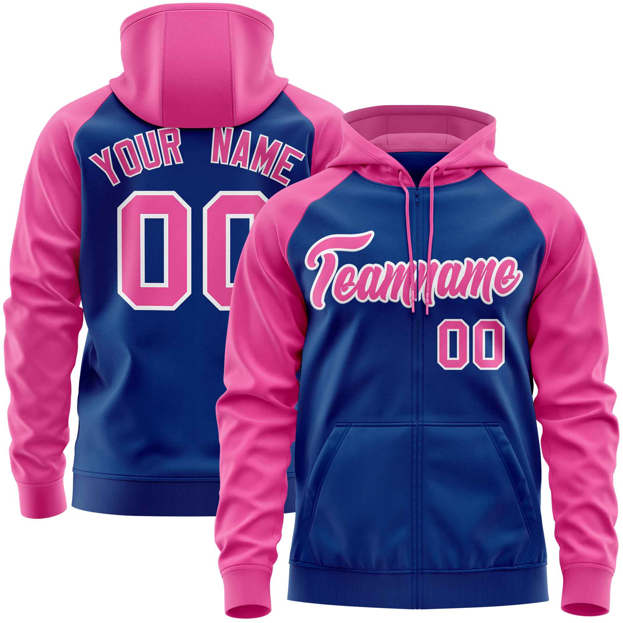 Custom Stitched Royal Pink Raglan Sleeves Sports Full-Zip Sweatshirt Hoodie