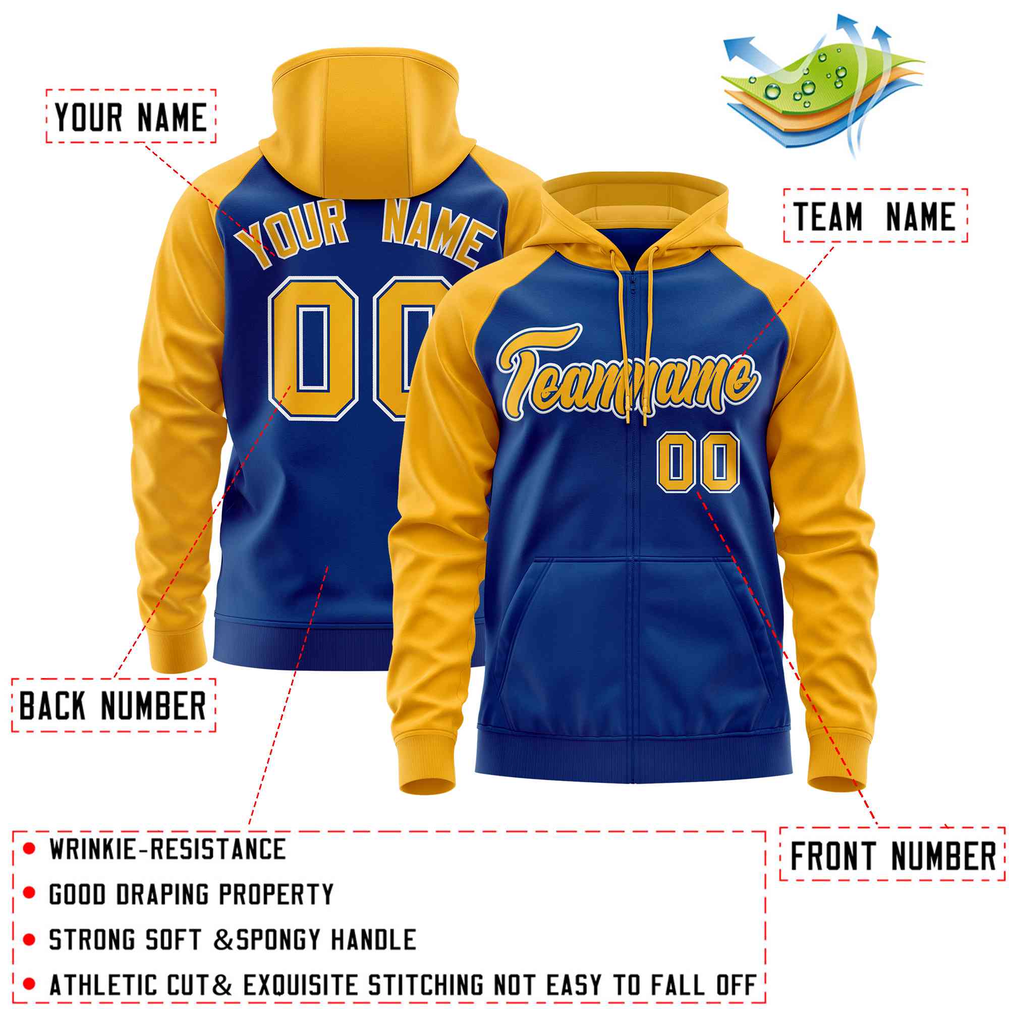 Custom Stitched Royal Gold Raglan Sleeves Sports Full-Zip Sweatshirt Hoodie