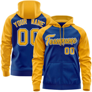 Custom Stitched Royal Gold Raglan Sleeves Sports Full-Zip Sweatshirt Hoodie