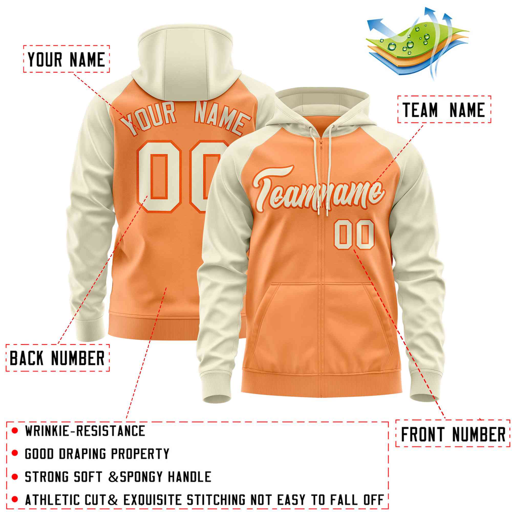 Custom Stitched Light Orange Cream Raglan Sleeves Sports Full-Zip Sweatshirt Hoodie