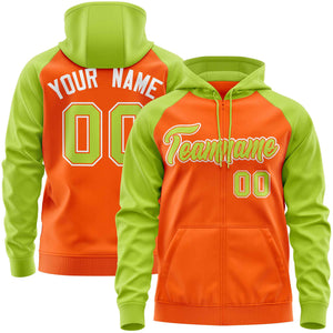 Custom Stitched Orange Neon Green Raglan Sleeves Sports Full-Zip Sweatshirt Hoodie