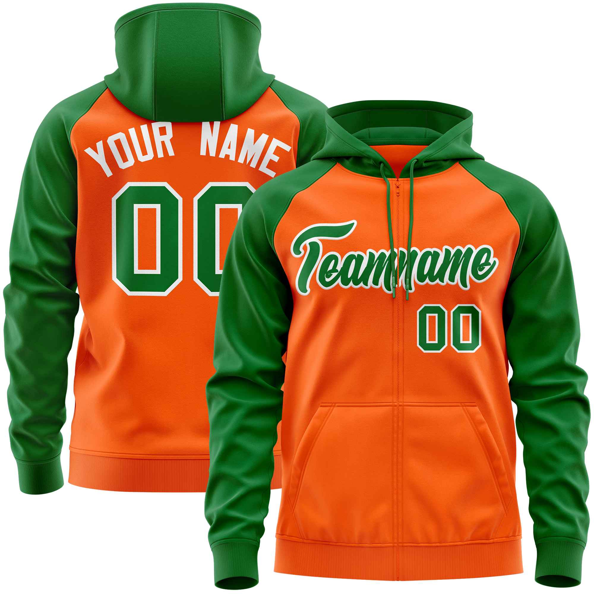 Custom Stitched Orange Kelly Green Raglan Sleeves Sports Full-Zip Sweatshirt Hoodie