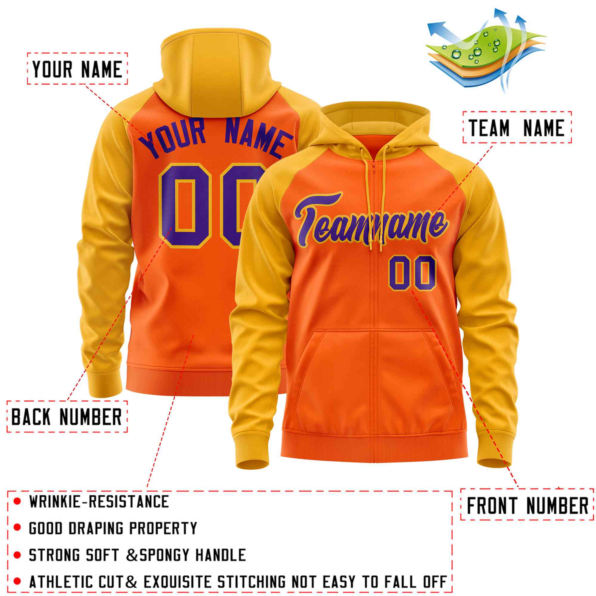 Custom Stitched Orange Gold-Purple Raglan Sleeves Sports Full-Zip Sweatshirt Hoodie