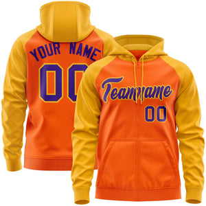 Custom Stitched Orange Gold-Purple Raglan Sleeves Sports Full-Zip Sweatshirt Hoodie