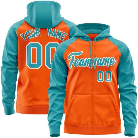 Custom Stitched Orange Aqua Raglan Sleeves Sports Full-Zip Sweatshirt Hoodie