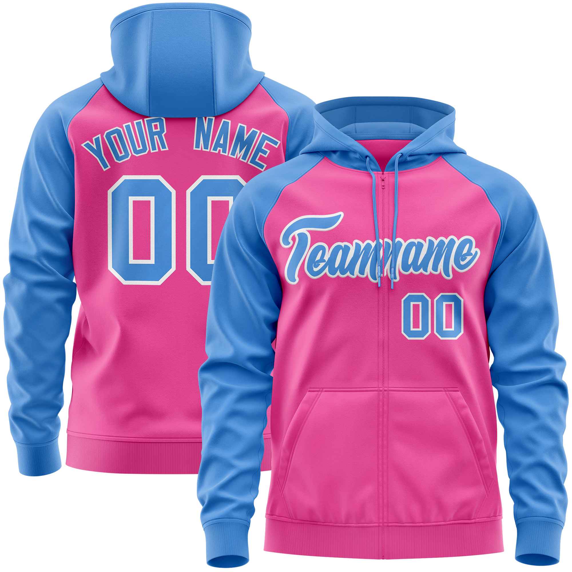 Custom Stitched Pink Powder Blue Raglan Sleeves Sports Full-Zip Sweatshirt Hoodie