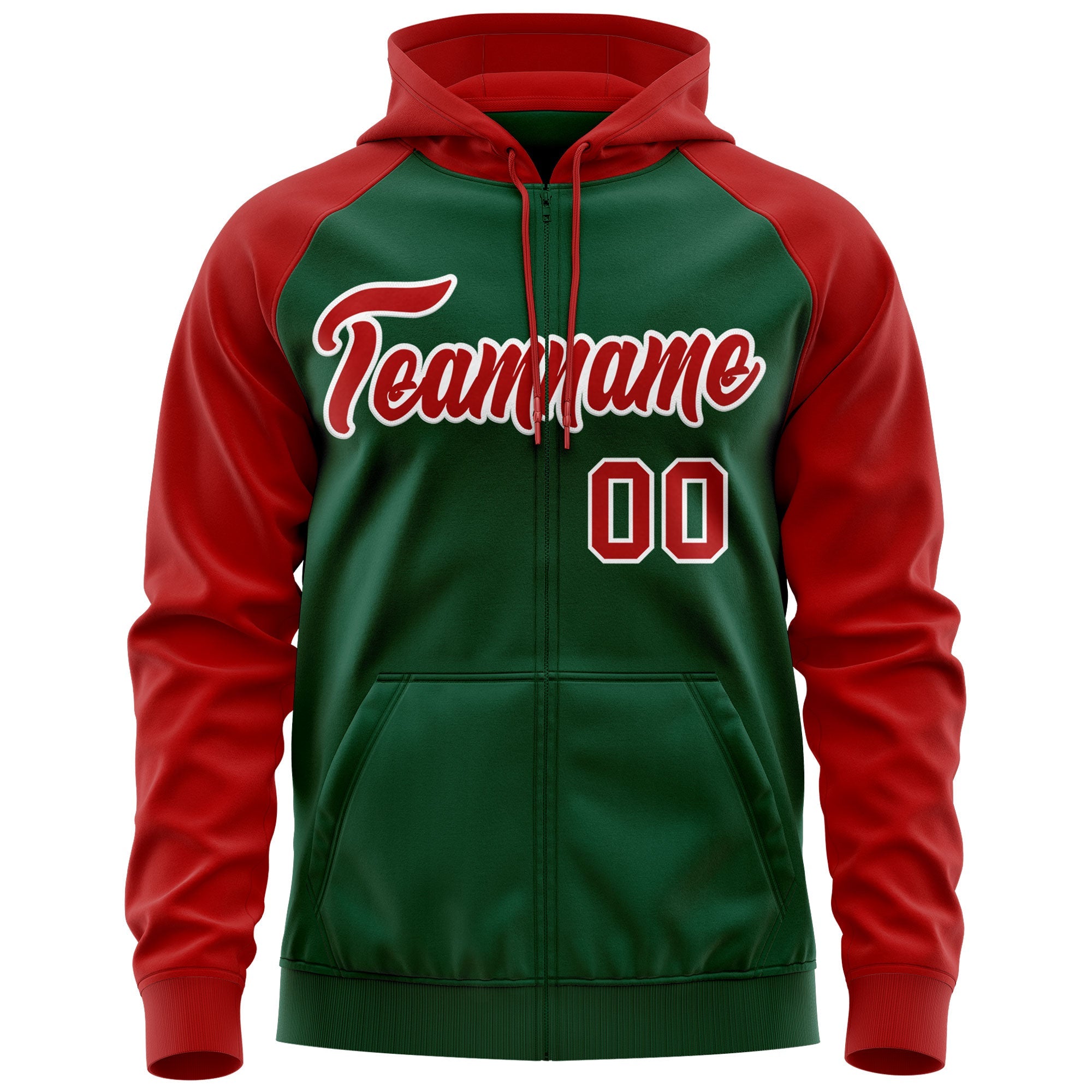 Custom Stitched Green Red-White Raglan Sleeves Sports Full-Zip Sweatshirt Hoodie