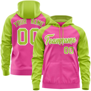 Custom Stitched Pink Neon Green Raglan Sleeves Sports Full-Zip Sweatshirt Hoodie