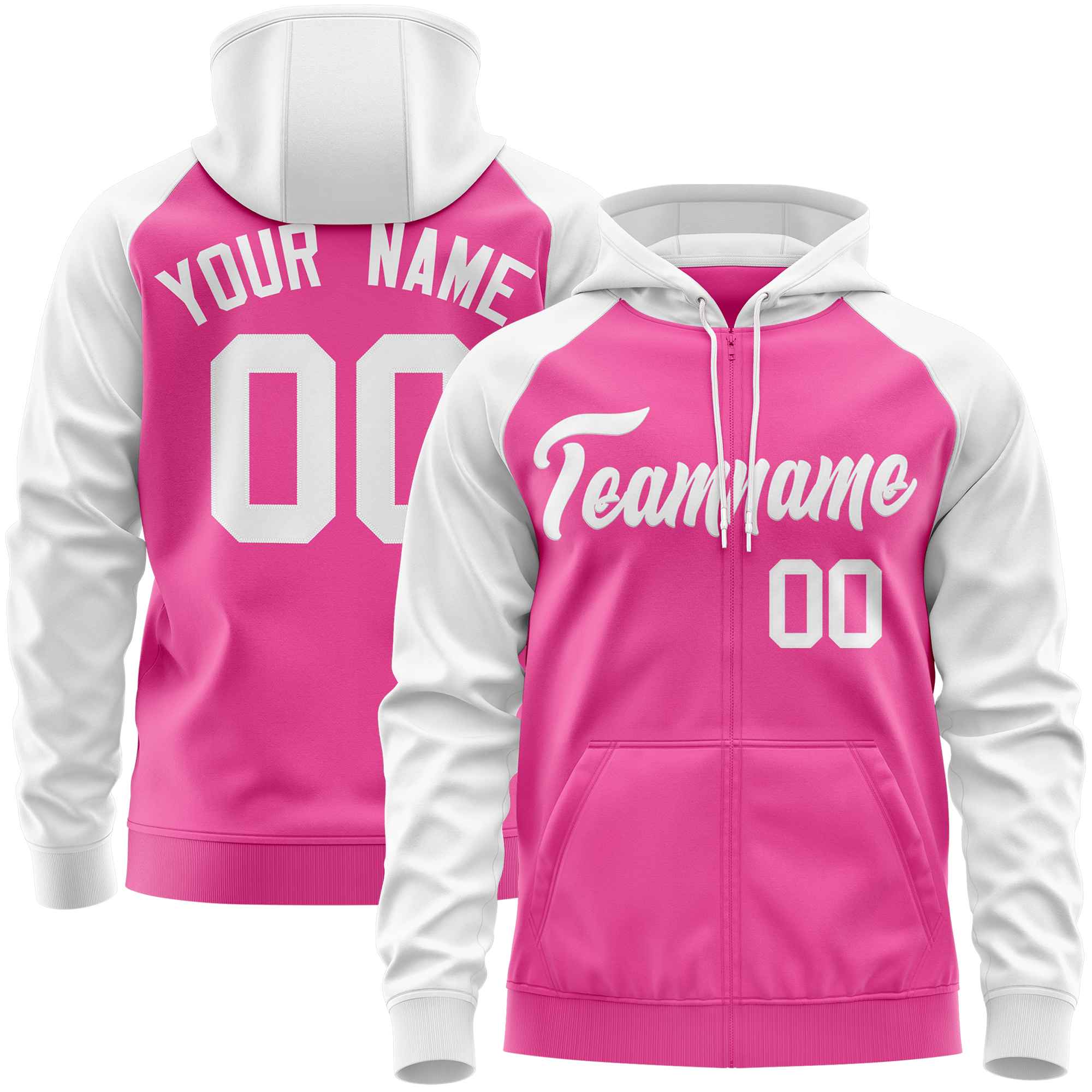 Custom Stitched Pink White Raglan Sleeves Sports Full-Zip Sweatshirt Hoodie