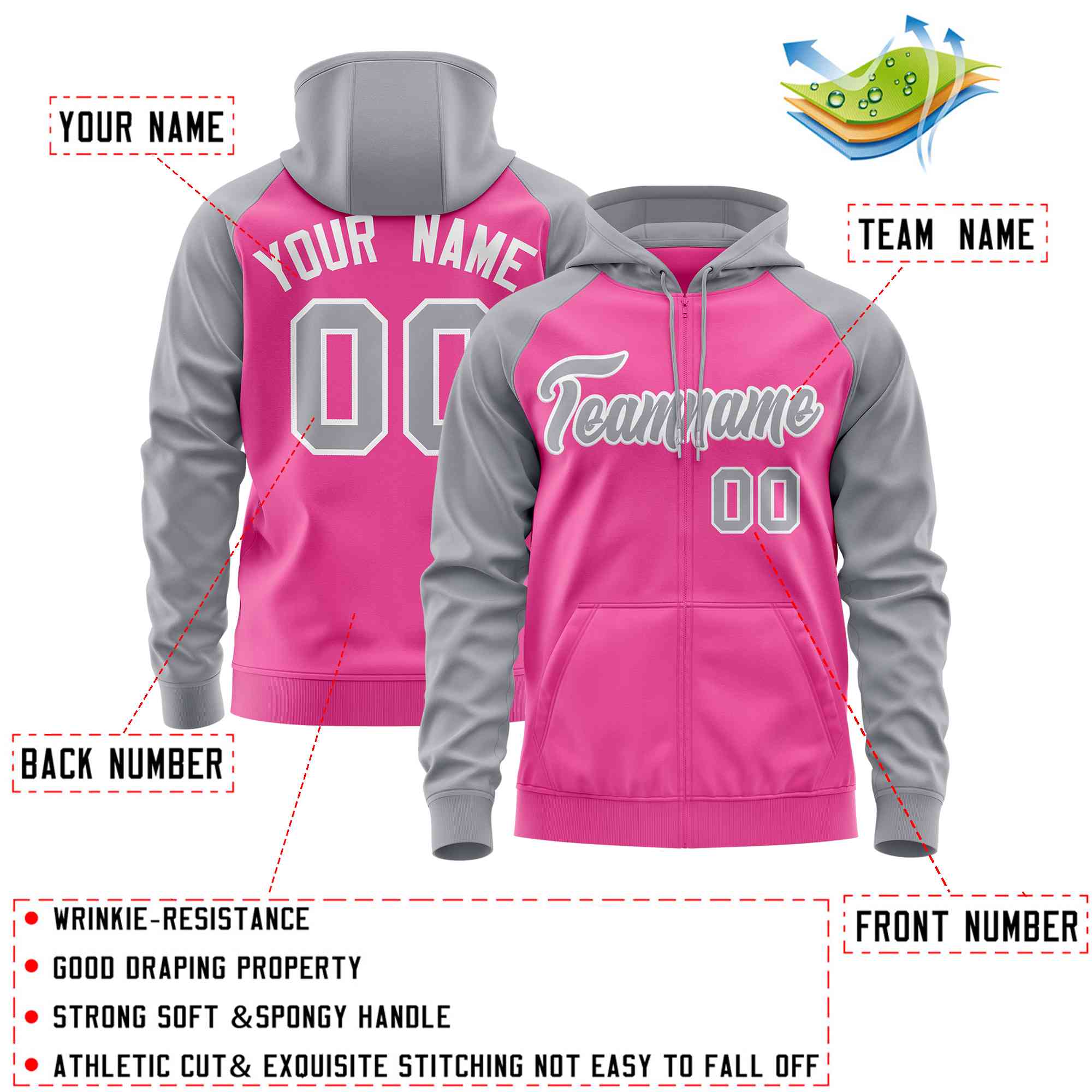 Custom Stitched Pink Light Gray Raglan Sleeves Sports Full-Zip Sweatshirt Hoodie