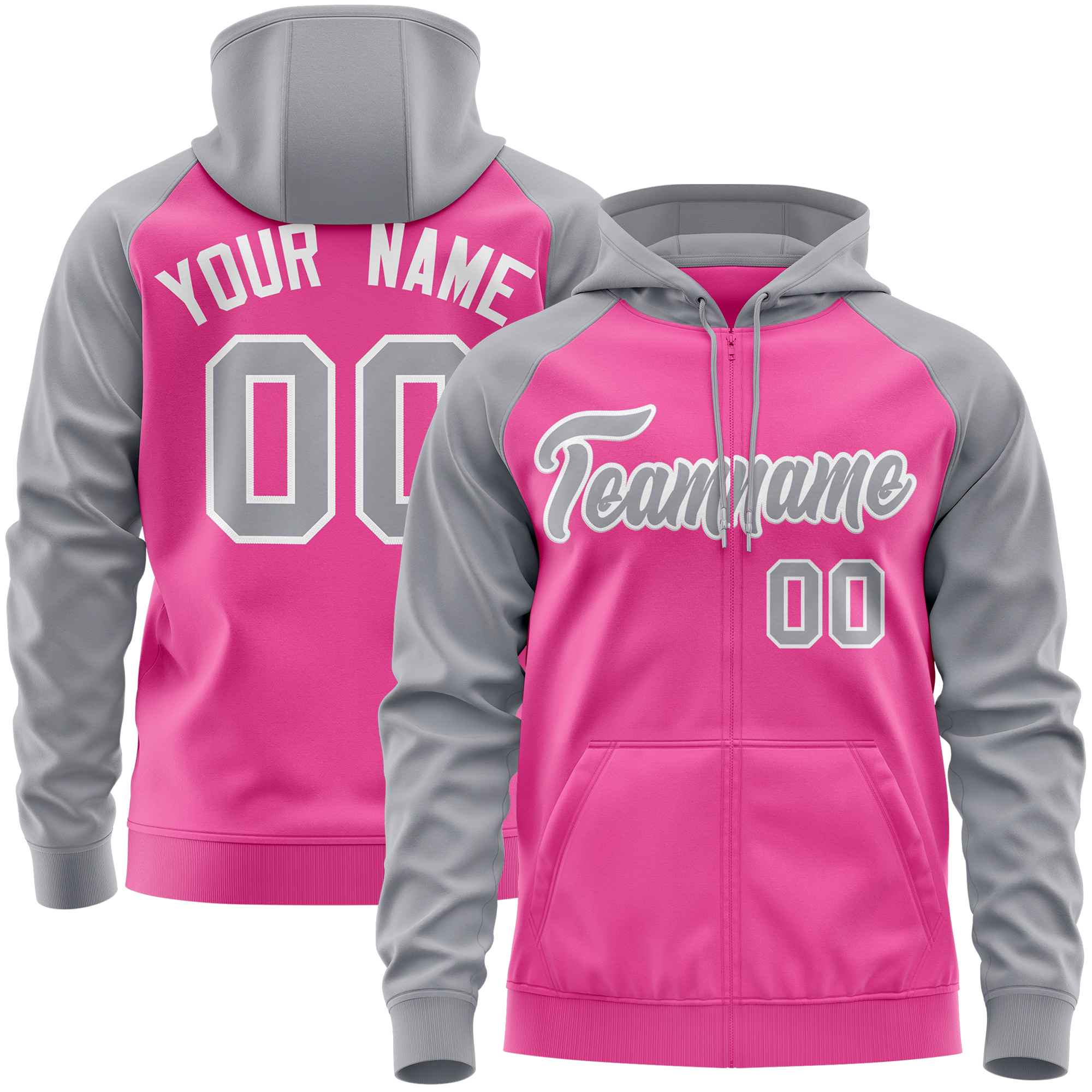 Custom Stitched Pink Light Gray Raglan Sleeves Sports Full-Zip Sweatshirt Hoodie