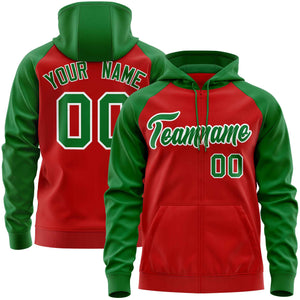 Custom Stitched Red Kelly Green Raglan Sleeves Sports Full-Zip Sweatshirt Hoodie