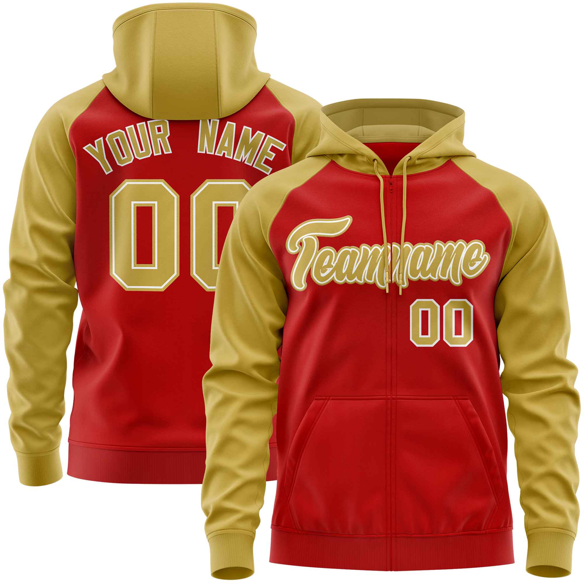 Custom Stitched Red Old Gold Raglan Sleeves Sports Full-Zip Sweatshirt Hoodie