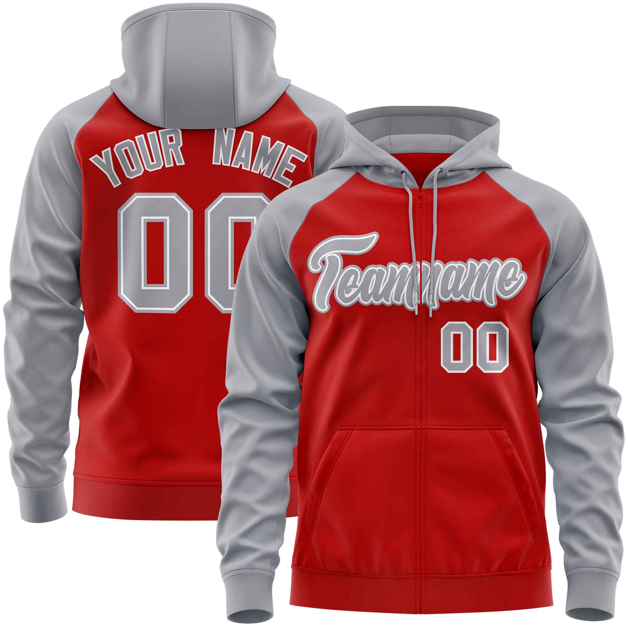 Custom Stitched Red Light Gray Raglan Sleeves Sports Full-Zip Sweatshirt Hoodie