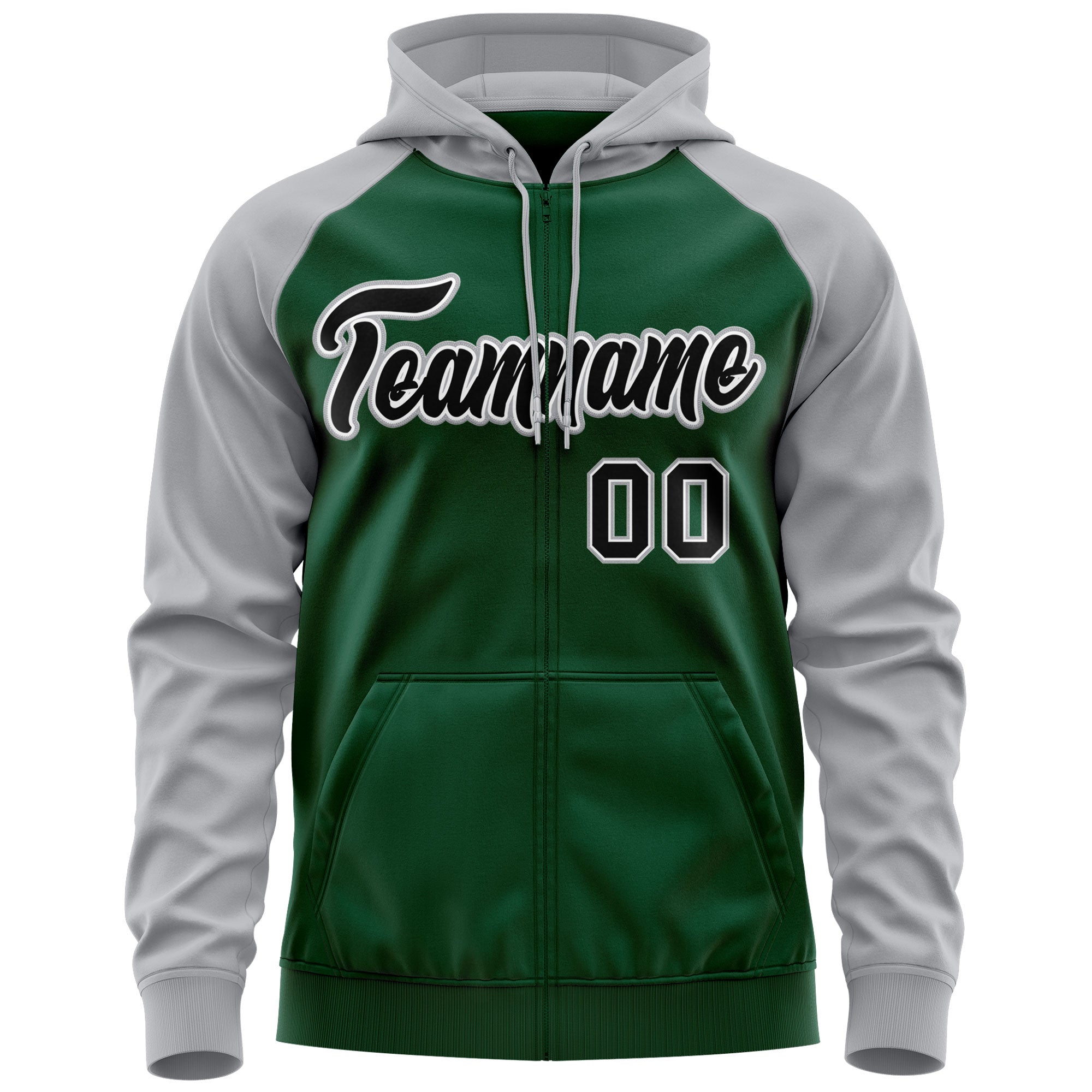 Custom Stitched Green Black-Gray Raglan Sleeves Sports Full-Zip Sweatshirt Hoodie