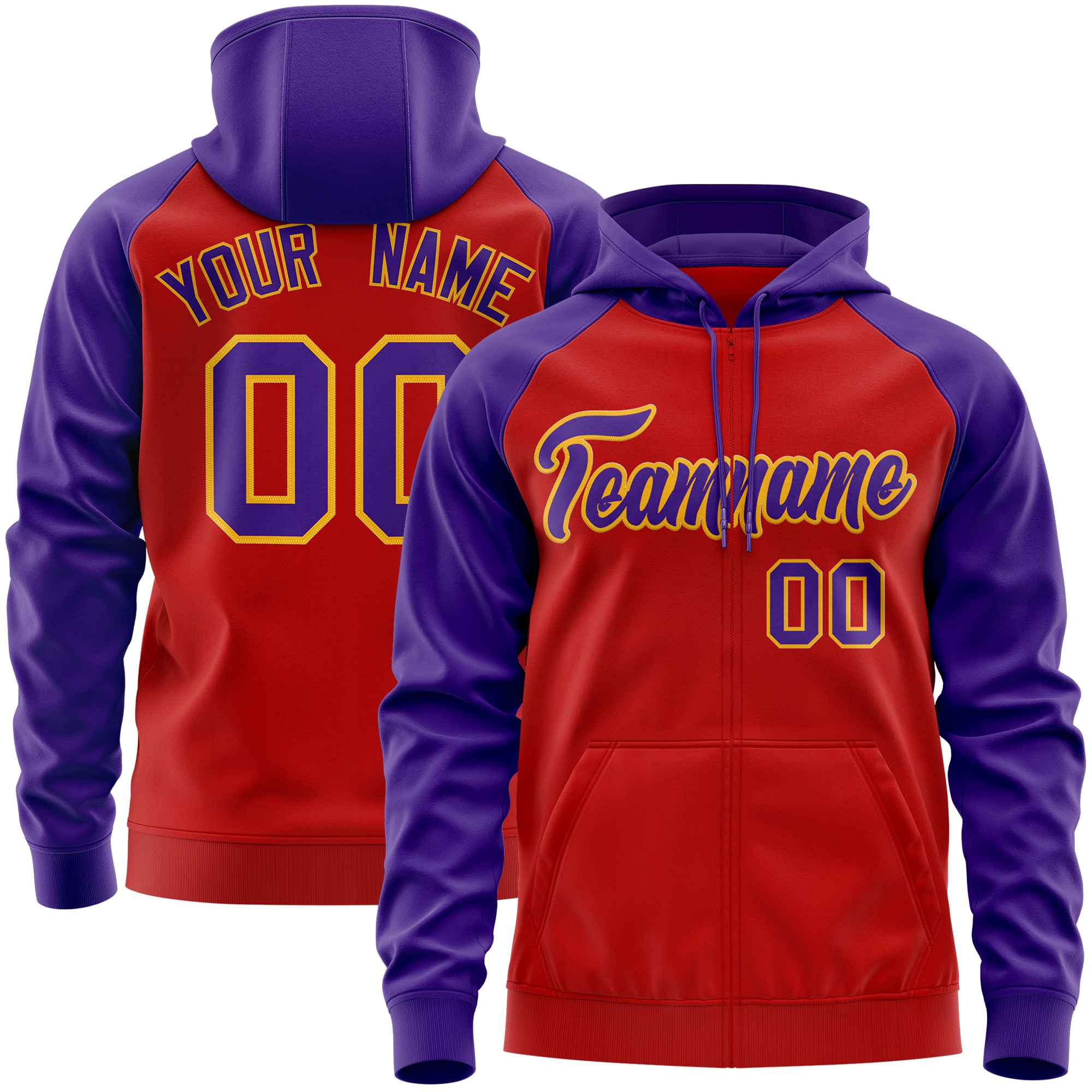 Custom Stitched Red Purple Raglan Sleeves Sports Full-Zip Sweatshirt Hoodie