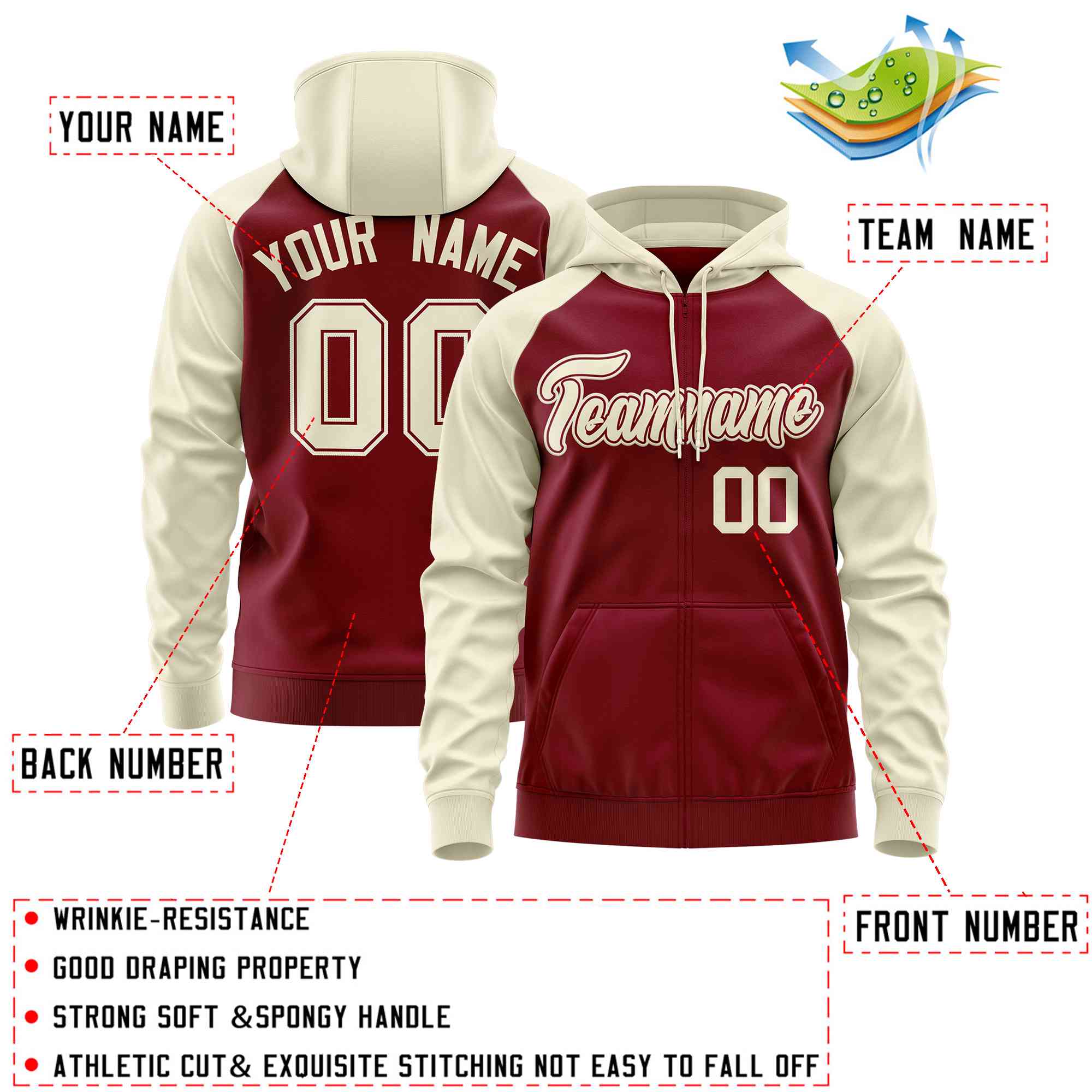 Custom Stitched Crimson Cream Raglan Sleeves Sports Full-Zip Sweatshirt Hoodie