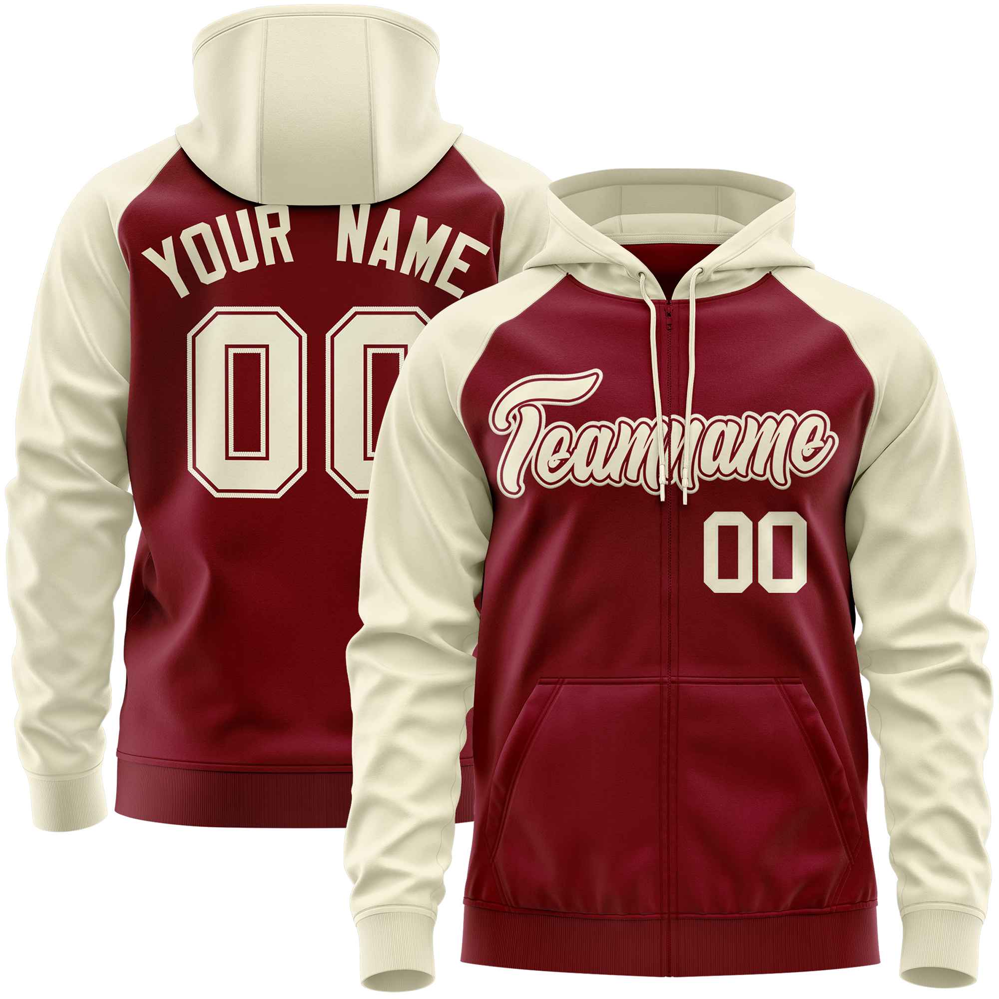 Custom Stitched Crimson Cream Raglan Sleeves Sports Full-Zip Sweatshirt Hoodie