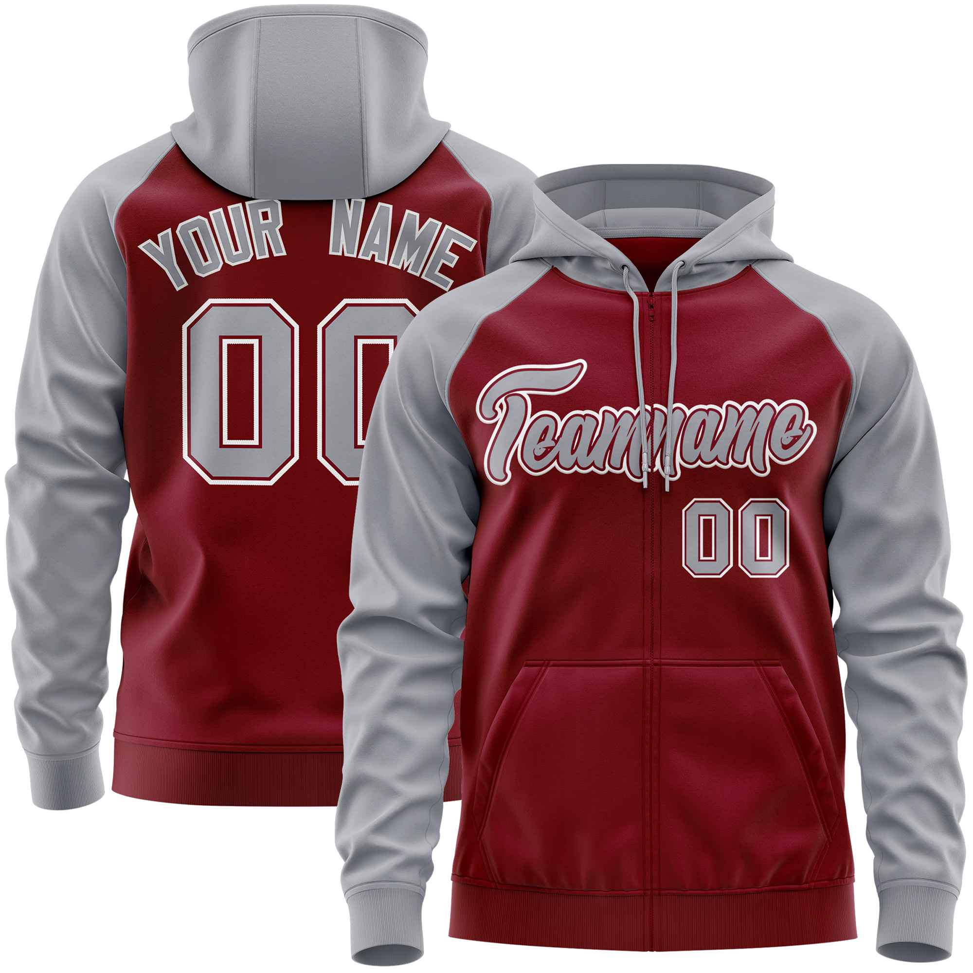 Custom Stitched Crimson Light Gray Raglan Sleeves Sports Full-Zip Sweatshirt Hoodie